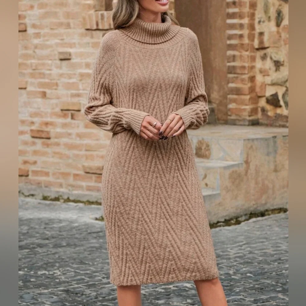 New Boho Chevron Knit Turtleneck Sweater Dress Camel Tan Beige - Picture 5 of 7